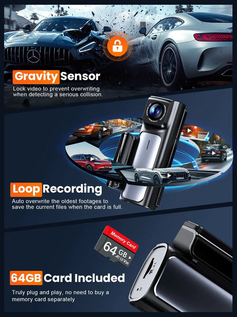 4K Front And Rear Dash Cam With Built-In 5G WiFi GPS, 64GB Included, showing features like G-sensor, loop recording, and 64GB card.