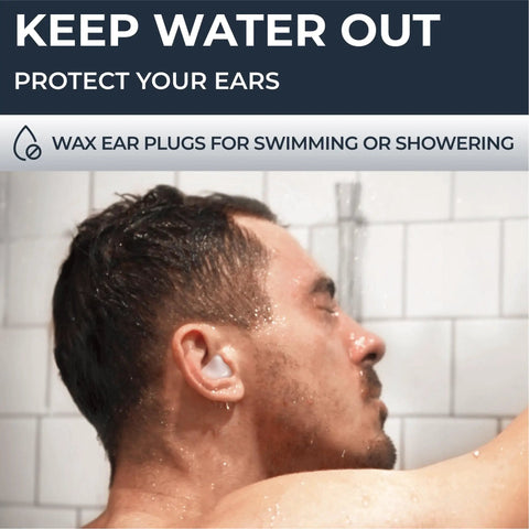 Man using wax ear plugs for swimming or showering, keeping water out and protecting ears.