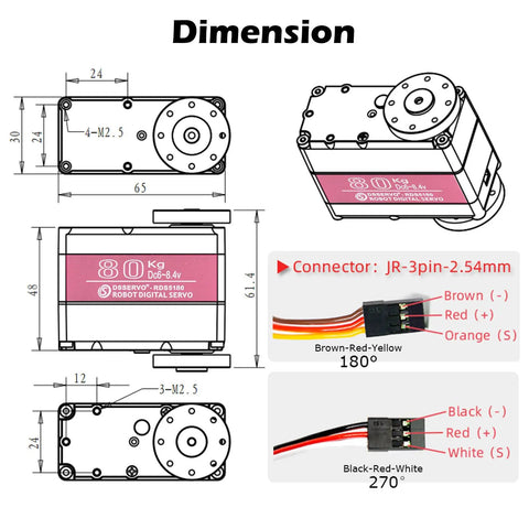 Diagram of Beefy High Torque 80kg Digital Metal Robotic Servo with dimensions and wiring details