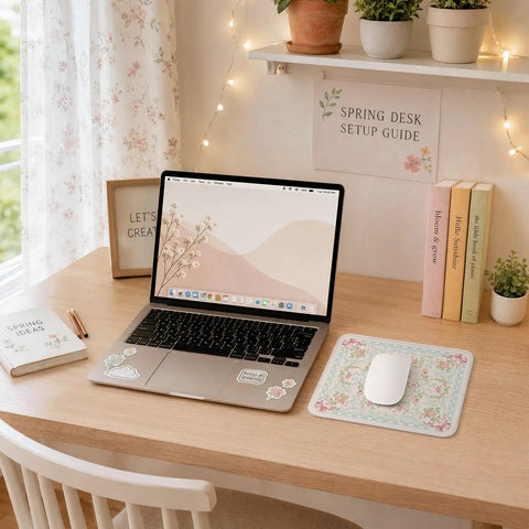 Coquette Floral Mouse Pad Blue Aesthetic Vibe Desk Mat Non Slip Small Mouse Pad for Laptop and PC on wooden desk setup