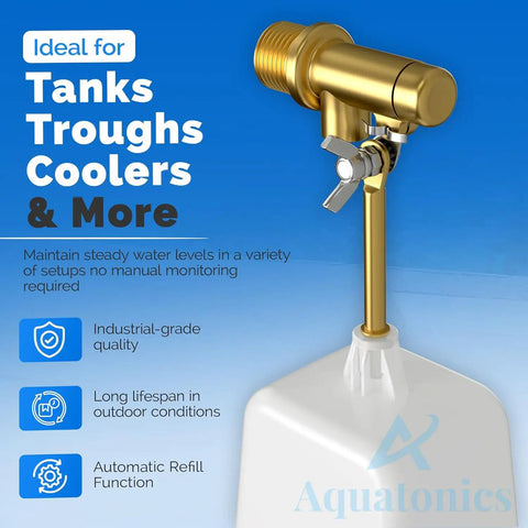 Three Eighths Inch Water Float Valve With Brass Body, Heavy Duty 125 PSI Water Level Controller, Easy Wingnut Adjustment, Adjustable Flow At 2.25 GPM, Ideal For In Ground Pools And Auto Fill Systems on tank