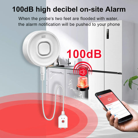 Smart WiFi Water Leak Detector with 100dB Alarm, app alerts, shown near kitchen sink with phone displaying alert, no hub needed