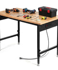 Beefy 48 Inch Adjustable Heavy Duty Workbench With 2000 Lbs Load Capacity, tools on wood table, black steel frame, pegboard, power strip