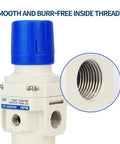 Close-up of 3/8 Inch NPT Air Pressure Regulator For Air Compressors With No Fuss Easy Pull Knob, 0-145 PSI Operating Range.