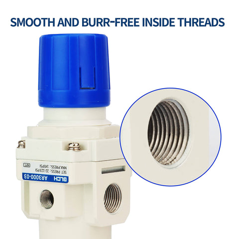 Close-up of 3/8 Inch NPT Air Pressure Regulator For Air Compressors With No Fuss Easy Pull Knob, 0-145 PSI Operating Range.