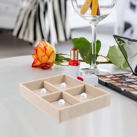 No Sweat Beige Velvet Jewelry Tray With Four Grid Compartments For Quick Sorting Rings Earrings And Bracelets Easy Drawer Insert Organizer on table with pearls