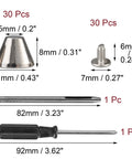 Badass Barrel Spikes And Screw Back Studs 30 Sets Silver Zinc Alloy Hardware Kit dimensions with cone spikes and screws.