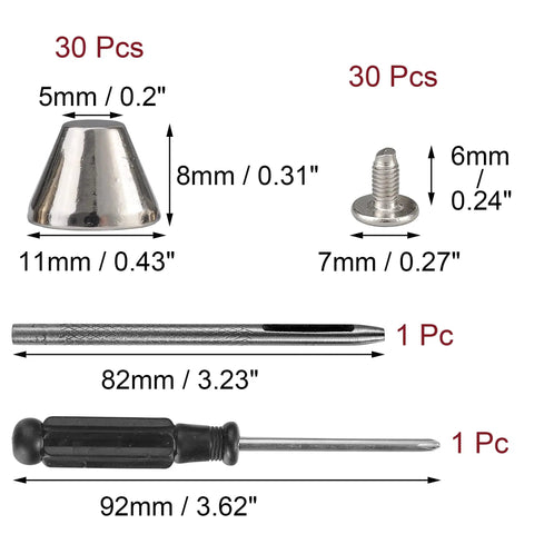 Badass Barrel Spikes And Screw Back Studs 30 Sets Silver Zinc Alloy Hardware Kit dimensions with cone spikes and screws.