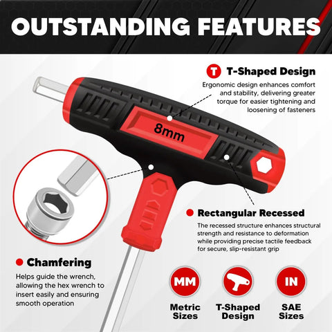 Close-up of 8mm red and black T-handle from Long Arm T Handle Allen Wrench Set 14 Piece Metric And SAE Hex Keys With Storage Box.