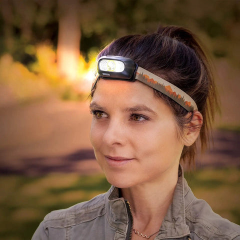 Rechargeable USB LED Headlamp with Dual 3W LEDs, Water Resistant, worn outdoors with adjustable strap and five modes.