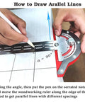 Using Dope Protractor Angle Finder and Woodworking Ruler Set to draw parallel lines on wood, highlighting precision tools.