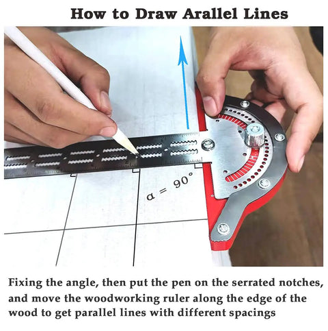 Using Dope Protractor Angle Finder and Woodworking Ruler Set to draw parallel lines on wood, highlighting precision tools.