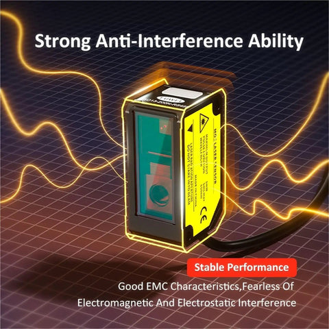 Advanced Laser Displacement Sensor With RS485 Output, 0.01mm Precision For Distance, Thickness And Positioning, Voice Prompt Alerts For Hands Free Readouts shown with anti-interference features.