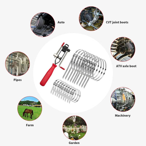 Pro Grade Heavy Duty CV Joint Banding Boot Clamp Tool For Auto And ATV With 20 Piece Stainless Steel Clamp Set Includes 10 Small 9.8 Inch And 10 Large 19.7 Inch Clamps To Secure CV Boots On Cars And ATVs, stainless steel clamps with banding tool for auto, ATV, pipes