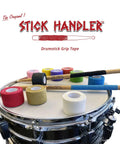 Premium Green Drumstick Grip Tape With Soft Cotton Gauze And Heat Released Anti Slip Compound For Nailed It Control and Badass Durability Plus Fly Finish displayed on drums.