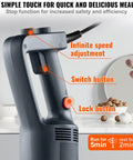 Close-up of Beast 750W Commercial Immersion Blender With 20 Inch Shaft Copper Motor Variable Speed 304 Stainless Steel Blade Pro Grade Hand Stick Mixer handle with buttons