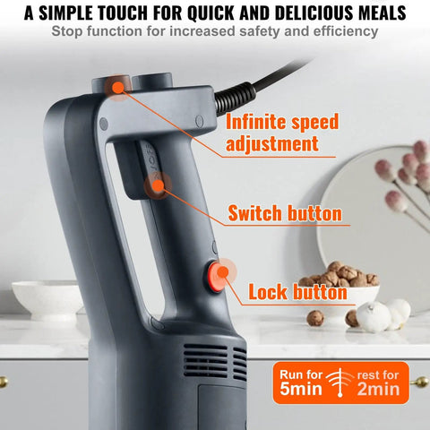 Close-up of Beast 750W Commercial Immersion Blender With 20 Inch Shaft Copper Motor Variable Speed 304 Stainless Steel Blade Pro Grade Hand Stick Mixer handle with buttons