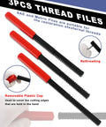 3 piece thread files with removable plastic caps for SAE and Metric thread restoration, part of 61 Piece All In One Pro Grade Thread Repair Kit With Thread Restorer Tool Set UNC UNF And Metric Chasers, Pitch Gauge, Dies, Taps And Thread Files For Repairing Damaged Bolts, Screws, And Nuts In Automotive, Machinery And Home Shops