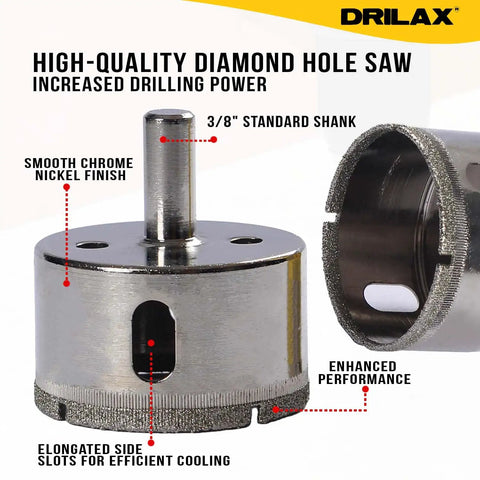 2 Inch Diamond Hole Saw For Tiles And Glass With 3/8 Inch Shank Pro Grade Ceramic Porcelain Granite Quartz Drill Bit 1-1/8 Inch Deep Cut
