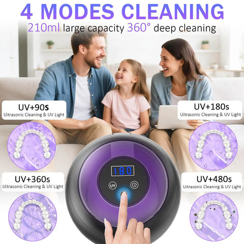Family discussing Pro Grade Deep Clean Ultrasonic Dental Cleaner 45kHz for aligners with digital timer and UV modes display