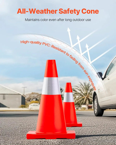 Six Pack 28 Inch Orange Traffic Cones With Reflective Collar Heavy Duty PVC Road Safety Cones for outdoor use near a car