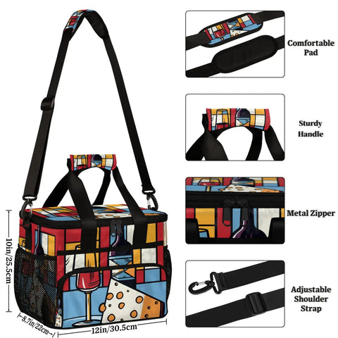 Go To Insulated Picnic Backpack With Large 12x9 Inch Capacity, red wine color tote, showing adjustable strap, handle, and zipper