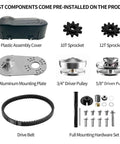 30 Series Torque Converter Kit For 212cc Go Karts And Mini Bikes With Three Quarter Bore, Includes 10T 40/41/420 And 12T 35 Pulleys, Belt Drive Clutch Replacement For Manco TAV2 219552A 218353A components displayed, including plastic assembly cover, sprockets, pulley, drive belt, and hardware set.