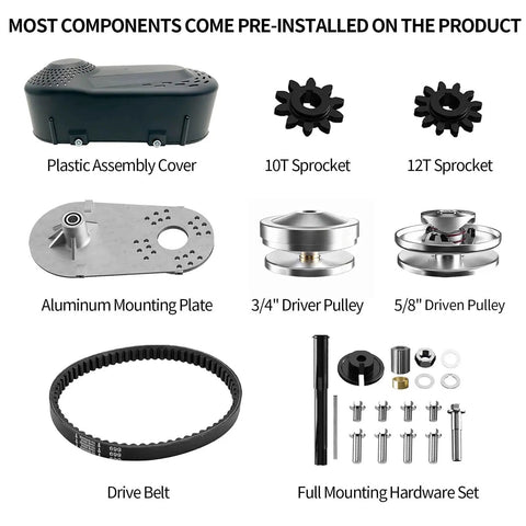 30 Series Torque Converter Kit For 212cc Go Karts And Mini Bikes With Three Quarter Bore, Includes 10T 40/41/420 And 12T 35 Pulleys, Belt Drive Clutch Replacement For Manco TAV2 219552A 218353A components displayed, including plastic assembly cover, sprockets, pulley, drive belt, and hardware set.
