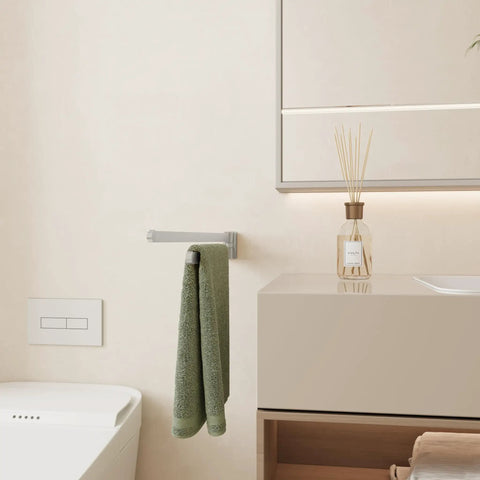 Swivel Towel Bar Two Arms Wall Mount In Brushed Nickel Heavy Duty Stainless Steel Towel Hanger in a modern bathroom setting