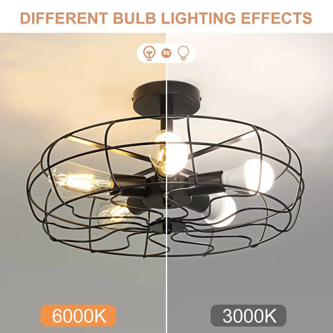 Five Light Industrial Ceiling Light With Rustic Wire Cage In Oil Rubbed Bronze Farmhouse Semi Flush Mount Black Retro Close To Ceiling Fixture For Kitchen Dining Room And Bedroom Perfect For Modern Homes And Open Concept Kitchens showing different bulb lighting effects.