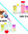 5-Way Liquid Reagent Pool Water Test Kit To Nail Your Chlorine Bromine Ph Acid Demand And Alkalinity Levels Every Single Time showing liquid sample mixing with dropper and color indicators.