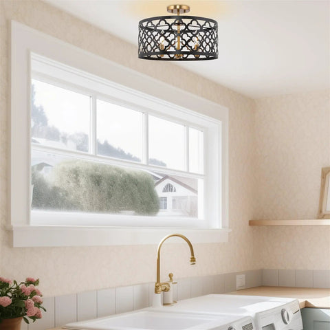 Dope 16 Inch 3 Light Modern Semi Flush Mount Ceiling Light With Metal Drum Shade In Warm Brass And Black Finish installed in laundry room.