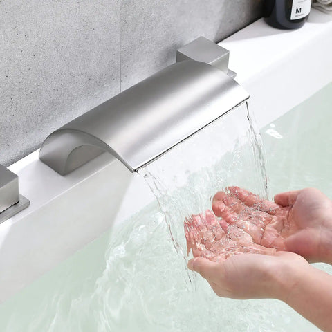 Roman Tub Faucet Brushed Nickel 2 Handle Widespread Bath Waterfall Deck Mount Tub Filler With Valve, water flowing
