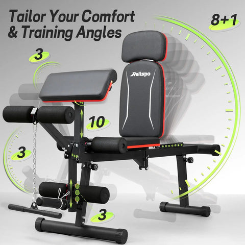 Upgraded Adjustable Weight Bench With Leg Extension And Curl, 9 Back Positions and 3 Way Headrest, foldable design