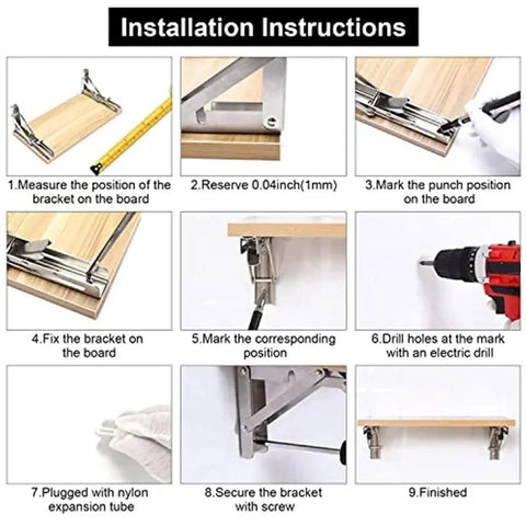 Installation instructions for Stainless Steel Folding Shelf Brackets Set Of Four Wall Mounted Heavy Duty Collapsible Table Hinges