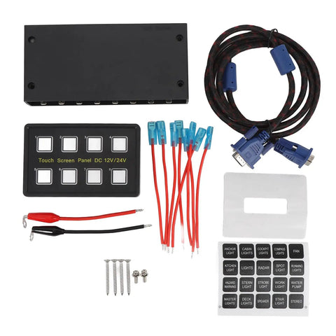 8 Gang Car Touch Switch Panel With IP68 Waterproof LED Indicators, assorted cables, and components for easy install