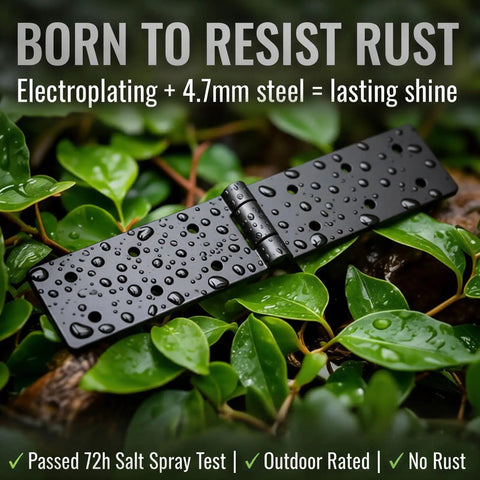 Heavy Duty Gate Hinges 6 Pack Adjustable 270 Degree Black Iron Folding Barn Door Hardware For Wood Fence Yard Gate Farm, shown with water droplets on leave.