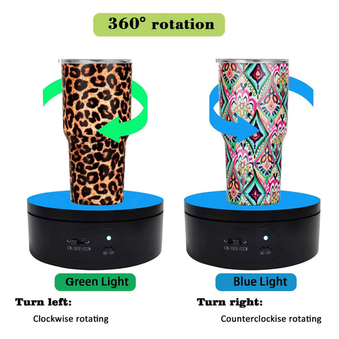 Black Motorized Rotating Display Stand, 360 Degree Automatic Silent Turntable For Epoxy Glitter Tumblers And Cups showing two tumblers rotating.