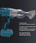 ZAICOLER Cordless Electric Metal Shears With 360 Rotating Head Stepless Speed Control Led Light & Battery Indicator displayed with metal blades for cutting.