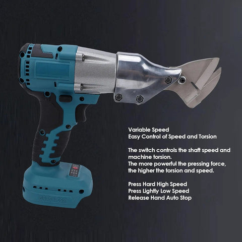 ZAICOLER Cordless Electric Metal Shears With 360 Rotating Head Stepless Speed Control Led Light & Battery Indicator displayed with metal blades for cutting.