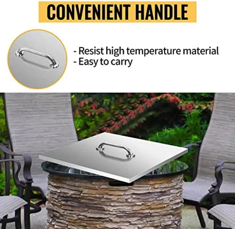 Round Fire Pit Lid 21 By 21 Inch With Handles, Durable Stainless Steel Cover on stone fire pit in backyard setting