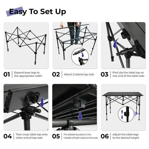 Assembly steps for Go To Ultralight Folding Camping Table With Aluminum Construction Roll Up Design Adjustable Height Includes Carry Bag