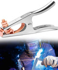 Heavy Duty 500 Amp Power Welding Ground Clamp With Copper Plated Jaw And Braided Shunt Wire close-up on stainless steel body.