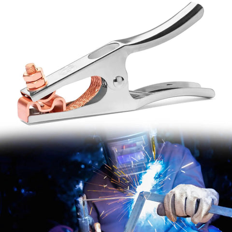 Heavy Duty 500A Electroplated Ground Clamp With Braided Copper Shunt And Silver Plated Jaw for automotive repair welding tasks.
