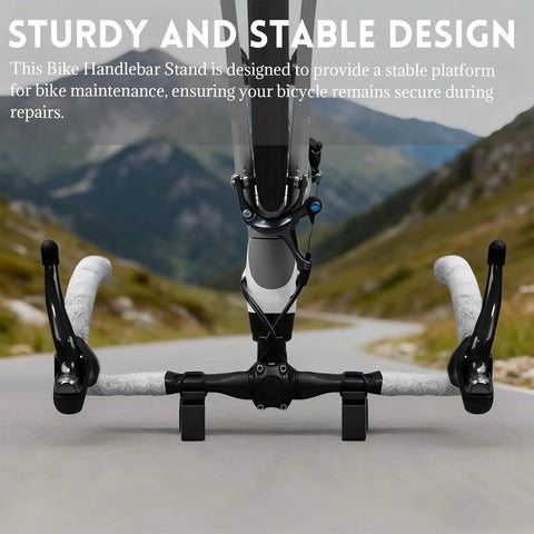 1 Pair Bike Handlebar Stand With Silicone Straps, Quick Release Bicycle Repair Bracket, secured on road bike in scenic backdrop