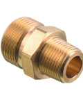 Brass pressure washer adapter with 3/8 in NPT male and M22 14 mm male threads; hexagonal center.