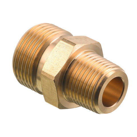 Brass pressure washer adapter with 3/8 in NPT male and M22 14 mm male threads; hexagonal center.