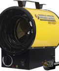 Heavy Hitter Electric Forced Air Shop Heater Blasts 5000 Watts Of Tough Warmth with yellow casing and black fan grill.
