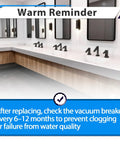 Restroom sinks with a reminder to check vacuum breaker every 6-12 months after replacing; maintaining flushometer performance.