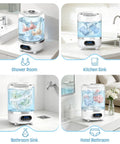 Ultra Compact Cordless Washing Machine in different settings: shower room, kitchen sink, bathroom sink, hotel bathroom.